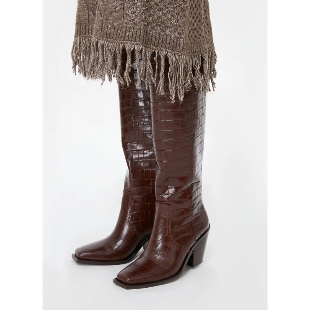 Loeffler Randall Lynn Snip Toe Croc Embossed Block Heel Boots Leather Sz 5.5 NIB